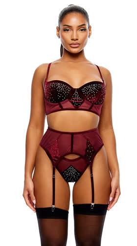 Caught Your Eye Velvet Rhinestone Longline Bra Set